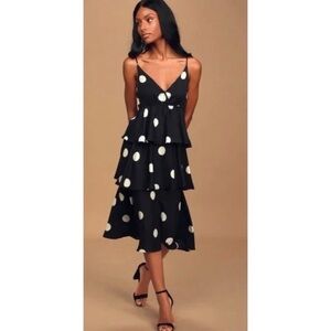 O. P. T  Cava Black and White Polka Dot Tiered Midi Dress NEW